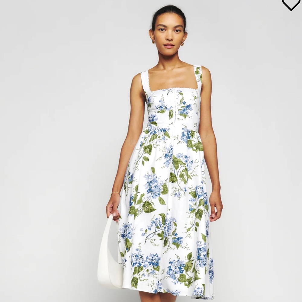 Reformation White and Blue Floral Midi Dress